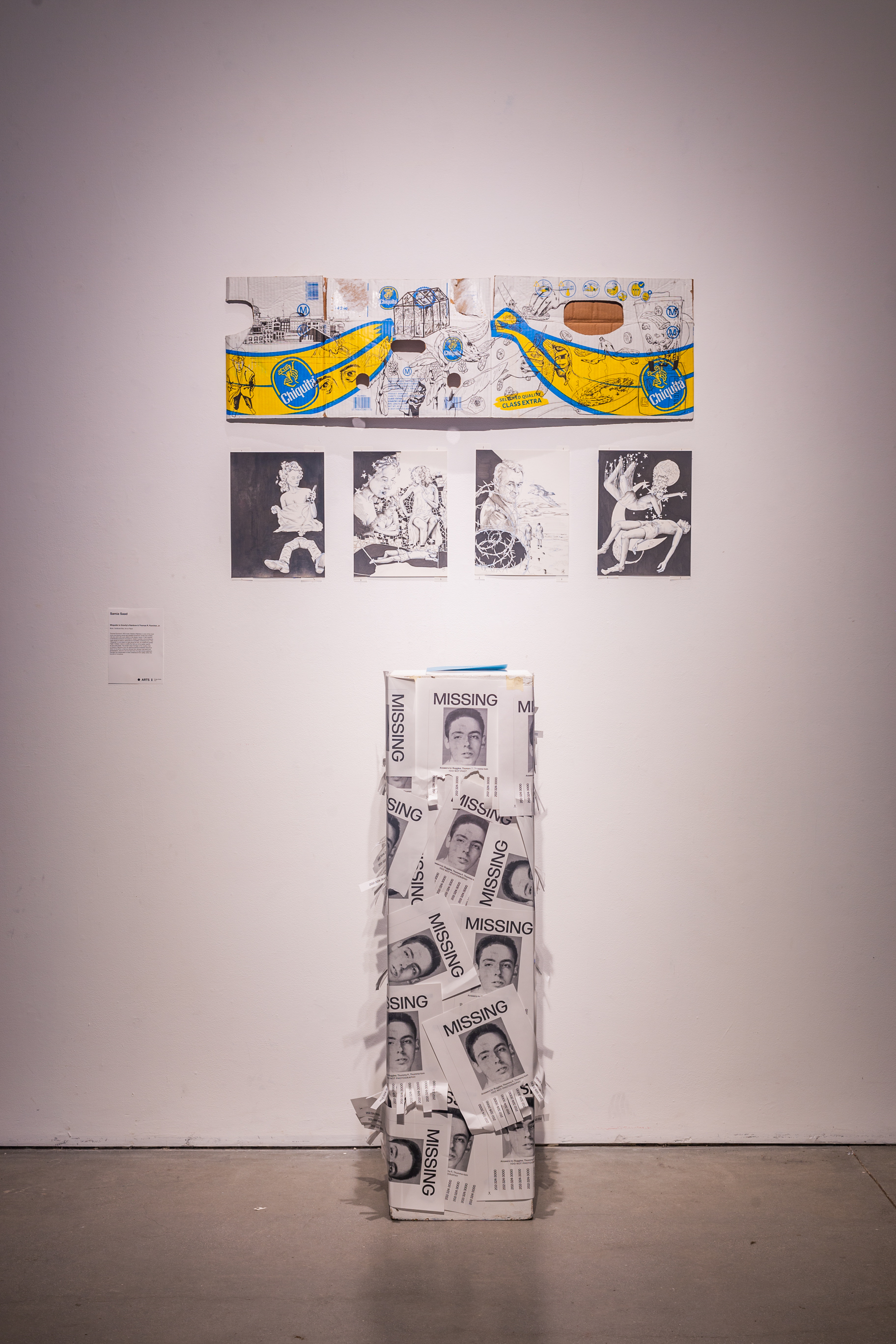 On the top, a cardboard box with a banana printed on it and other illustrations drawn over it. Below that are four inked illustrations, and below that is a podium with multiple fabricated missing person posters. On the podium is a book.